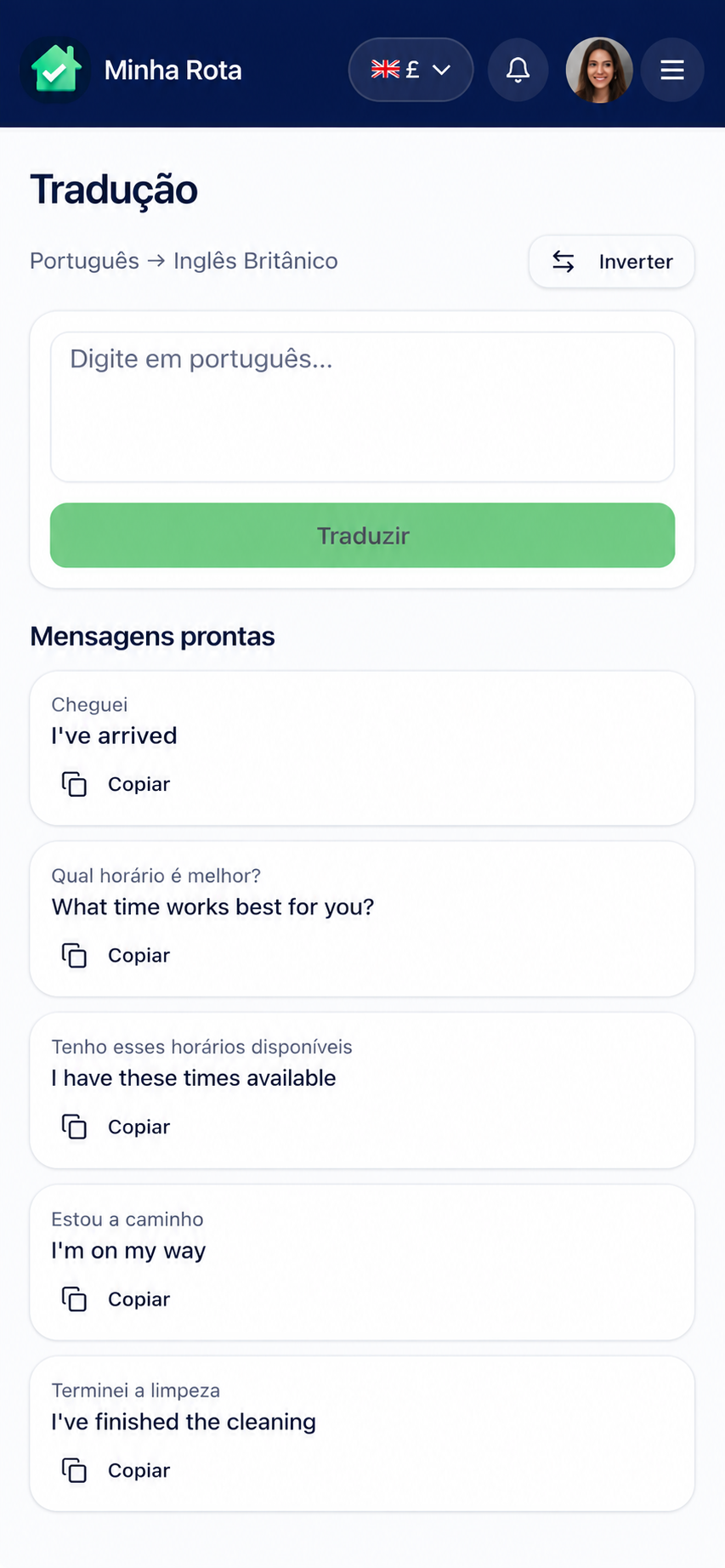 Tela do tradutor do Minha Rota
