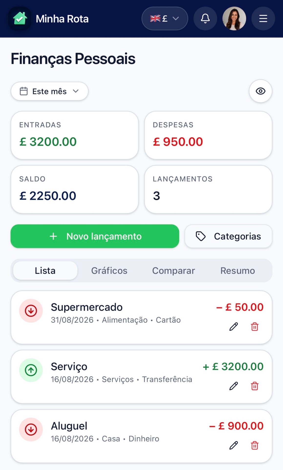 Tela principal de finanças pessoais do Minha Rota